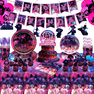 Décorations d'anniversaire sur le thème de l'anime Demon Hunter Squad inspirées du Kpop avec bannière Joyeux Anniversaire, ballons colorés et décoration de gâteau - Product Image 1