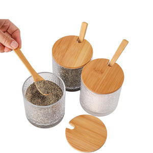 Organisateurs de cuisine Bocaux en verre transparent Boîtes à condiments Conteneurs de stockage de sel et de sucre Ensemble en bambou de 3 supports de boîtes d'assaisonnement - Product Image 3