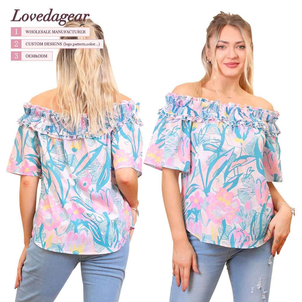 Custom Ladies Casual Plus Size Modest Floral Ruffle Satin Elegant Womens Tops and Blouses