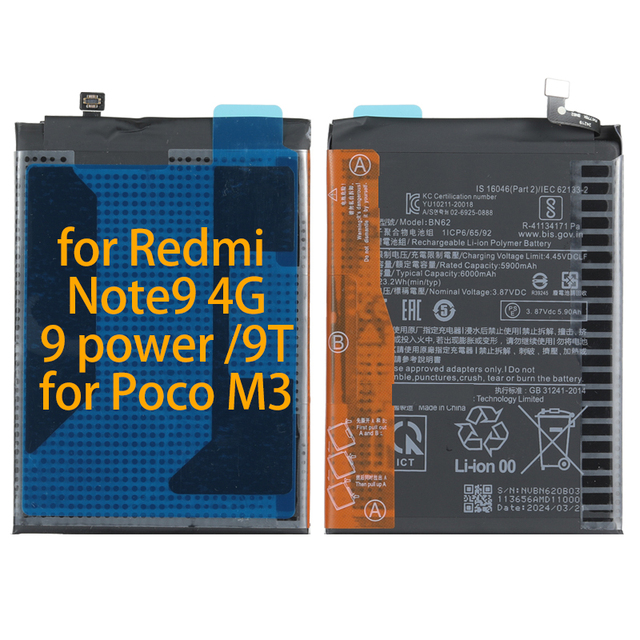 6000mAh BN62 Phone Battery for Xiaomi Note9 4G for POCO M3 High Quality Batteries for Redmi Redmi 9T 9 Power