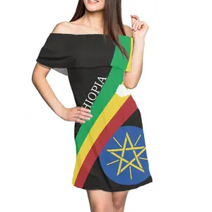 Custom Ethiopian Eritrean Habesha Design Dress Print Ethiopian Design Out-shoulder Dress Sublimation Short Sleeve Peplum Dress