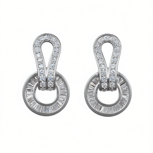 Orecchini a lobo di lusso in oro bianco con diamanti, design geometrico, taglio baguette, montatura a canale in argento 925, da donna per tutti i giorni - Product Image 1