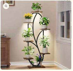 Support de plante d'intérieur avec grand porte-fleurs en métal courbé avec revêtement en poudre et lumière de croissance, plusieurs étagères d'angle pour une utilisation en <span class=keywords><strong>jardin</strong></span> - Product Image 1