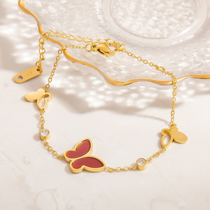 Butterfly Charm <b>Bracelet</b> Gold Plated Zinc Alloy With <b>Red</b> Enamel And Crystal For Women Gift Jewelry - Product Image 1