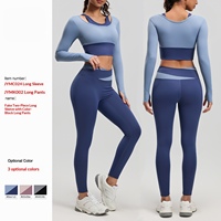 Nouvel ensemble de yoga color block effet deux pièces, tenue de fitness Pilates longue et moulante sans couture, vêtements de sport personnalisables avec logo pour femme