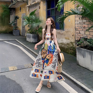 American Retro Ethnic Style Oil Painting Graffiti Print Suspender Dress 2025 Summer High End Long Dress For Women - Product Image 2