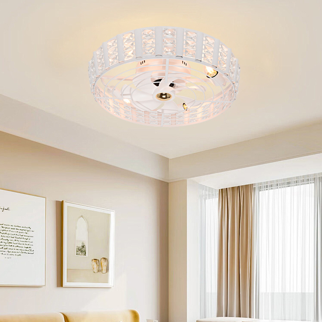 Hot Selling Modern Caged E27 DC Motor LED Crystal ABS Ceiling Fan Light with Remote Control for Dining & Bedroom