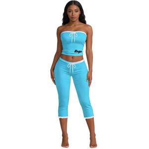 Set Due Pezzi Y2K Personalizzato con Logo per <span class=keywords><strong>Donna</strong></span>, Top <span class=keywords><strong>a</strong></span> Tubo Senza Spalline e <span class=keywords><strong>Pantaloni</strong></span> Capri con Coulisse e Finiture in Pizzo per Uso Quotidiano - Product Image 2