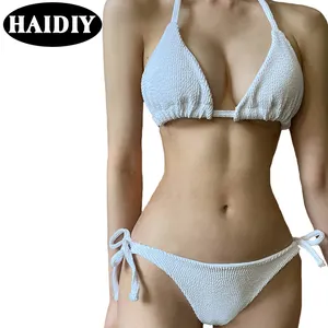 Nuevo conjunto de Bikini de dos piezas con espalda descubierta de grano ondulado de color sólido Sexy, ropa de playa, traje de baño para mujer, cuello colgante personalizado