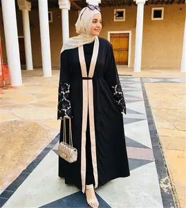 时尚新设计优雅穆斯林女性前开Abaya蕾丝刺绣花朵袖腰带现代开衫Abaya