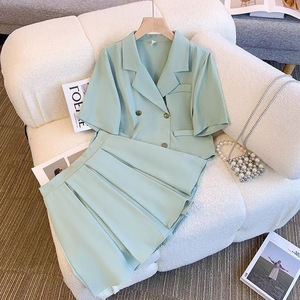 Set di due pezzi alla moda coreana per taglie forti da donna estivo con colletto Casual irregolare gonna a pieghe abito a tinta unita - Product Image 3