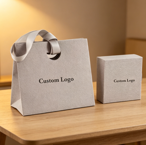 Light <b>Grey</b> Textured Jewelry Box & Gift <b>Bag</b> Set, Custom Logo Jewelry Packaging Box with <b>Tote</b> <b>Bag</b> - Product Image 1