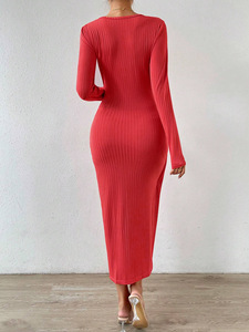 Abito a Maniche Lunghe <span class=keywords><strong>in</strong></span> Stile Francese per Donne <span class=keywords><strong>con</strong></span> Design a Vita Intrecciata, <span class=keywords><strong>Vestito</strong></span> Aderente Rosso al Ginocchio <span class=keywords><strong>con</strong></span> <span class=keywords><strong>Spacco</strong></span> Alto - Product Image 4