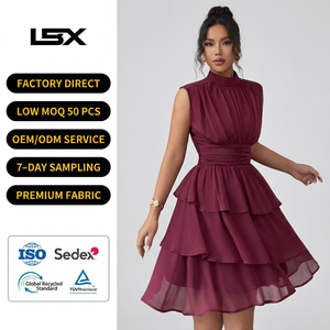 Robe d'été décontractée respirante en polyester pour <span class=keywords><strong>femme</strong></span>, <span class=keywords><strong>taille</strong></span> <span class=keywords><strong>XL</strong></span>, avec ceinture, sans manches, à volants, coupe courte empire, motif uni - Product Image 1