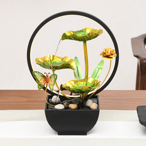Fontaine de bureau Lotus Pond, décoration d'intérieur Feng Shui en métal, forme ronde, avec anneau lumineux - Product Image 1