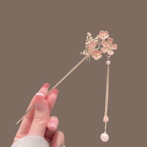 Horquillas de metal con borlas de flores de esmalte de perla china, adorno para el cabello estilo Hanfu para mujer - Product Image 2