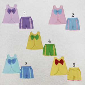 พร้อมส่ง เสื้อผ้าเด็กขายส่ง ชุดฤดูร้อนสำหรับเด็กผู้หญิง เสื้อแขนกุดผูกโบว์ด้านหลัง กางเกงขาสั้นระบาย ชุดเสื้อผ้า - Product Image 1