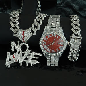 Ensemble de bijoux en alliage d'or et d'argent et strass, style hip-hop, avec pendentif <span class=keywords><strong>NOLOVE</strong></span>, collier, bracelet et montre en quartz rouge, en stock usine - Product Image 1