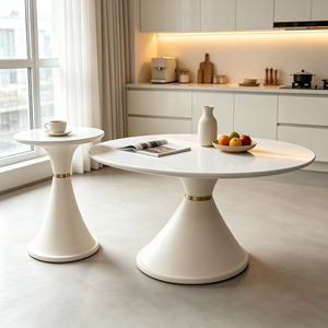 Table à manger ovale moderne en pierre frittée, base en forme de sablier blanc crème avec bordure dorée, mobilier de salle à manger pour la maison, l'hôtel et le restaurant - Product Image 4