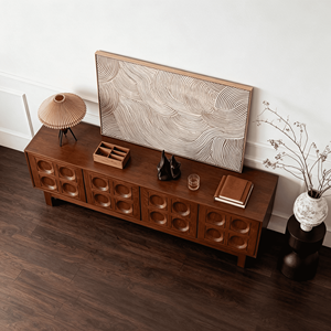 Retro Mid-Century Wooden TV <b>Stand</b> with Embossed Geometric Panel <b>Doors</b>, Media Console for Living Room - Product Image 6