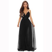 Vestido largo de noche para damas de honor, malla con escote en V profundo, abertura entrecruzada, espalda descubierta