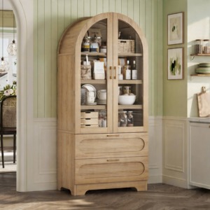 SENYU Meuble de rangement moderne en bois cintré avec 4 étagères et 2 tiroirs, style ferme, pour salon - Product Image 1