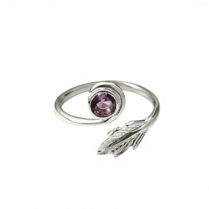 Bague en argent 925 en forme de plume avec améthyste, sertie clos, style bohème, unisexe, pour usage quotidien - Product Image 1