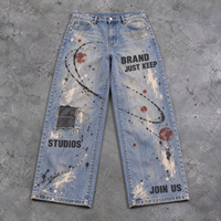 Jeans amples vintage pour hommes, effet délavé, imprimé graffiti, patchwork, denim déchiré, streetwear