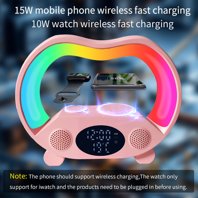 Intelligent Modern RGB Light Speaker Wireless Fast Charger Remote Control Desk LED Lamp Multifunctional Watch White/Pink/Black