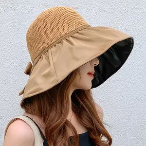 Chapeau de soleil en paille pour femmes, grande taille, pliable, pliable, pliable, avec Protection à Large bord, été