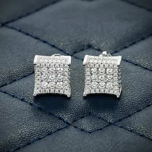 Wholesale Price Hiphop Fashion Design Diamond Stud Earring 7mm Mens Square Stud Moissanite Cluster Earrings Screw Back