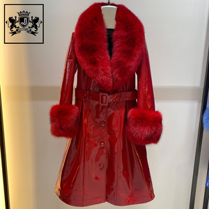 Janedur giacca di vera <span class=keywords><strong>pelle</strong></span> personalizzata in vera <span class=keywords><strong>pelle</strong></span> <span class=keywords><strong>trench</strong></span> invernale alla moda da donna alla moda con collo di volpe lungo in <span class=keywords><strong>pelle</strong></span> - Product Image 3
