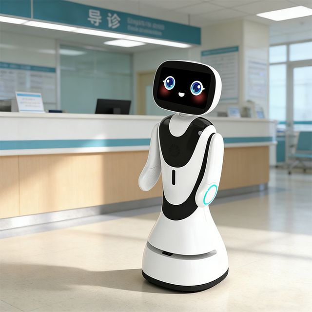 AI Service Robot for Business and Reception with 13.3 Inch Touchscreen, Autonomous Navigation, and HD Camera for Commercial Use