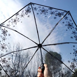 Parapluie pliant manuel de haute qualité avec impression papillon et motif floral, design dôme à trois volets festonné, transparent, idéal pour les cadeaux d'affaires - Product Image 5