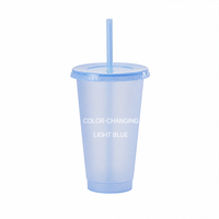 Gobelet tendance à changement de couleur bleu clair activé par le froid avec couvercle et paille, bouteille d'eau personnalisable vierge en gros