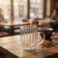 Mug à double paroi en verre cannelé Emode Coffee Tea de 250 ml, compatible lave-vaisselle et micro-ondes, design mignon