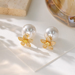 Pendientes de Perlas con Forma de Flor, Chapados en Oro de 14k, Microincrustaciones, Forma Redonda, Joyería de Moda para Bodas, EDB-004 - Product Image 4