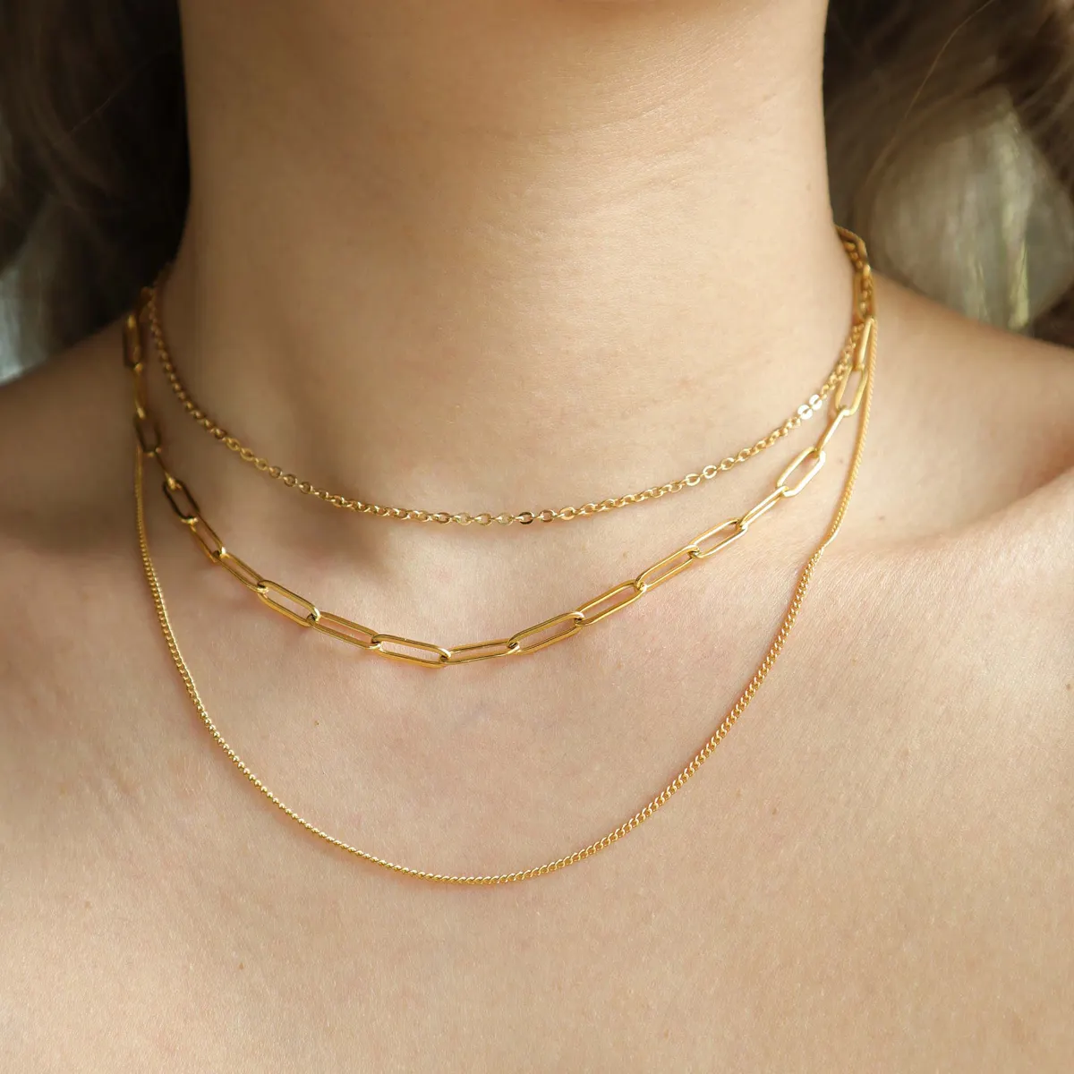 Mode 18K Gold plattiert einfach dreifach Schichten Paperclip-Kette Halsketten für Damen Edelstahl-Hochkette Halskette Schmuck