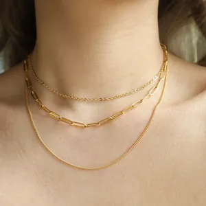 Fashion 18K Gold Plated Simple Triple Layers Paperclip Chain Necklaces For Women Stainless Steel Choker Necklace Jewelry