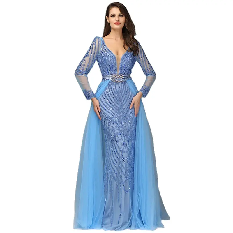 Blue Deep V Neck Low Back Evening Long Dresses Serene Hill LA60858 Beaded Gowns With Over Skirt For Women Plus Size