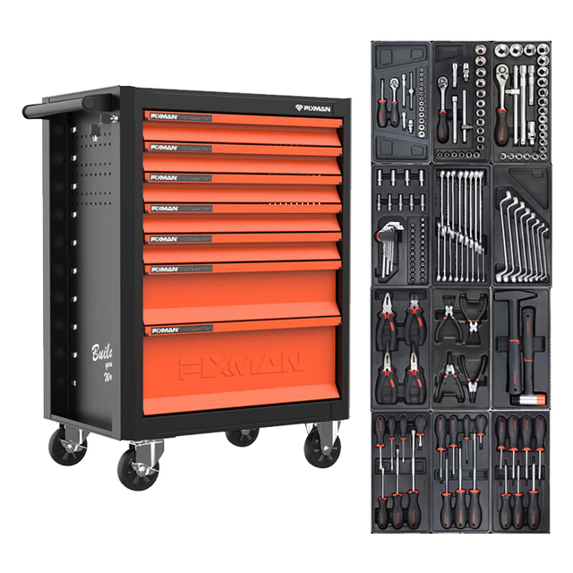 FIXMAN 155pcs High Quality 7 Drawer Tool Cabinet Full Cart Modular Steel Modular Garage Storage Tool Kit with Trolley