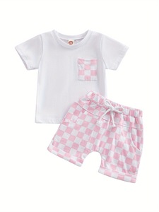OEM ODM Ensemble de vêtements de sport pour enfants, polo à manches courtes pour garçon et fille + pantalon à <span class=keywords><strong>carreaux</strong></span> pour l'été - Product Image 4