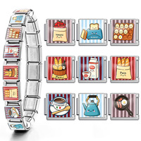 Aksesoris gelang modular Italia, motif sarapan Italia yang lucu: roti panggang, kopi, telur, roti, berbahan stainless steel, untuk gelang Italia DIY.