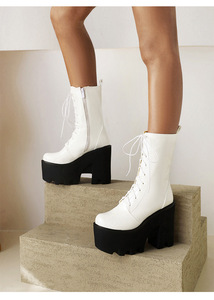 Botines Blancos con Plataforma y Tacón Grueso, Punta Redonda, Cierre de Cordones, Parte Superior de PU, para Todas las Temporadas, Envío Directo - Product Image 6