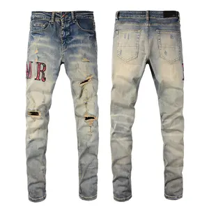 High Quality Custom Denim Skinny Ripped Pants Men's Straight Jeans With Selvedge And Print Pattern Casual Distressed Trousers