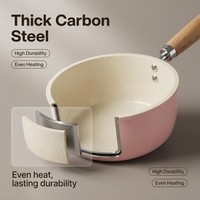 Casserole en acier au carbone 1,5 L rose avec poignée en bois, couvercle en verre, revêtement antiadhésif pour cuisinière à gaz et à induction