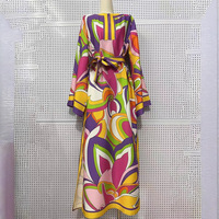 Robe longue ample en coton et polyester pour femme, style rétro, imprimé géométrique, taille lacée, ourlet droit, jupe fendue, collection transfrontalière 2026