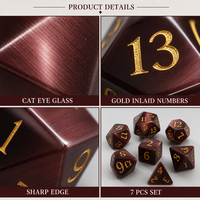 Jeu de dés polyédriques carrés K9 Crystal Cat Eye 7 pièces RPG DND Dungeons and Dragons avec chiffres incrustés d'or et bords tranchants