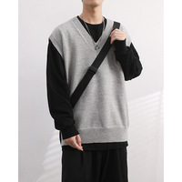 Chaleco de punto con cuello en V estilo universitario japonés para hombre, estilo coreano, a la moda en Instagram, estilo bad-boy, holgado, sin mangas, para otoño