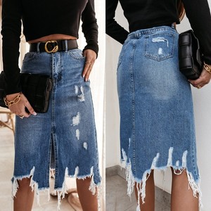Nuove donne alla moda retrò con nappine Modulare irregolari Maxi gonne in Denim a vita alta Wash Midi strappati gonne di Jeans - Product Image 3
